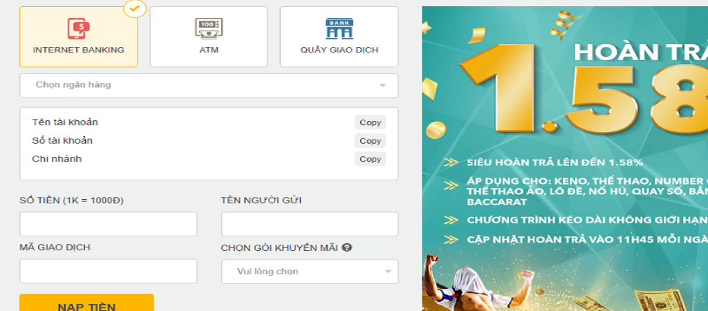 Nạp tiền thông qua tài khoản ngân hàng siêu dễ dàng