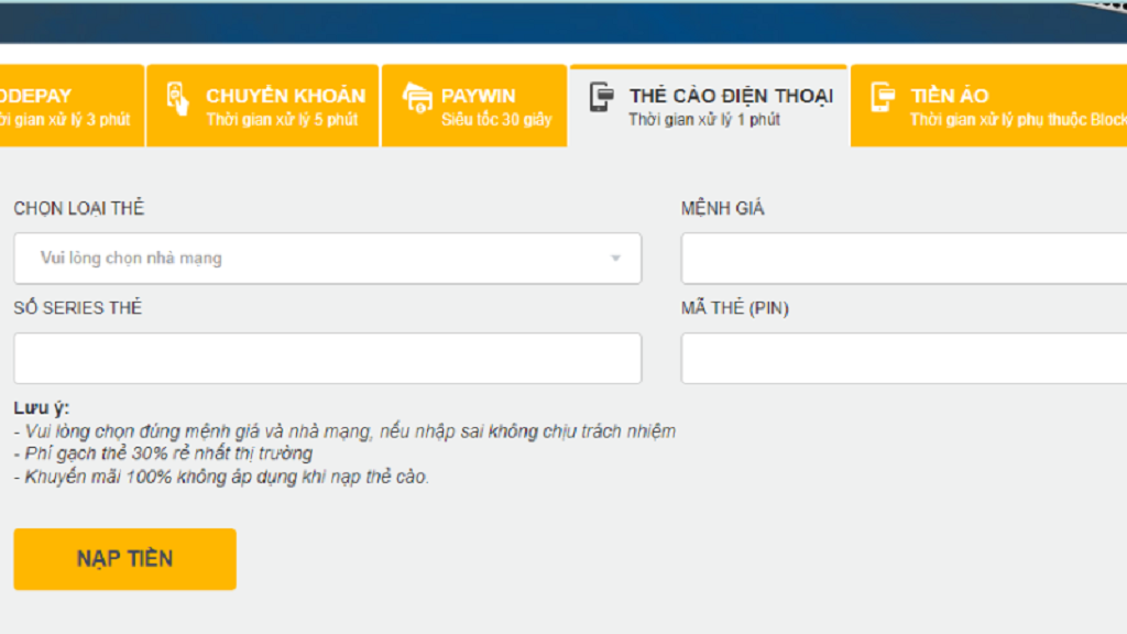 Nạp tiền thông qua thẻ cào điện thoại nhanh chóng trong 1 phút